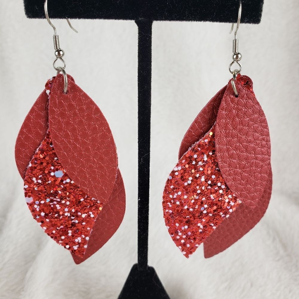 Leather Sparkle Leaf Drop Earrings